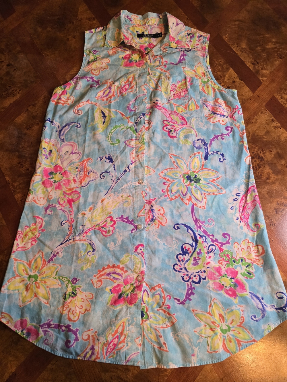 Ralph Lauren Sleeveless Floral Print Dress in Light Blue with Multicolor Accents